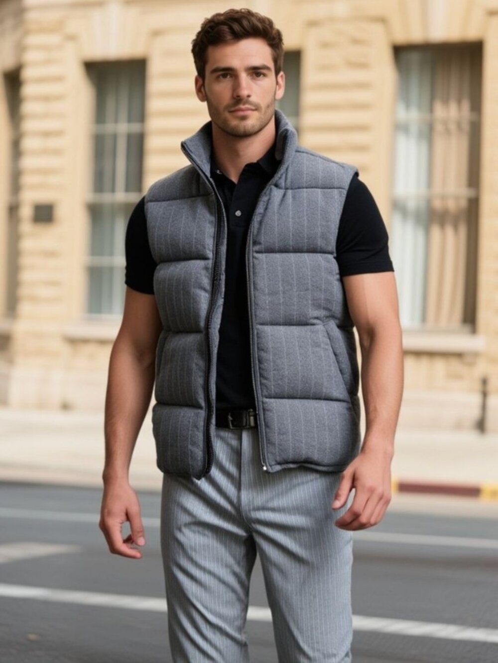 *𝓥𝓲𝓷𝓽𝓪𝓰𝓮 𝐒𝐓𝐑𝐔𝐂𝐓𝐔𝐑𝐄 Men's Pinstripe Puffer Vest (Size M) Grey